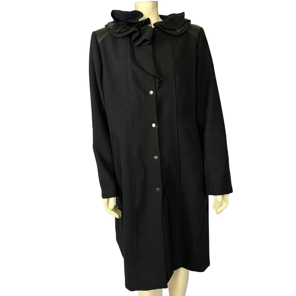 Elie Tahari 100% Wool Black Fitted Layered Leather Ruffle Collar Coat size XL
